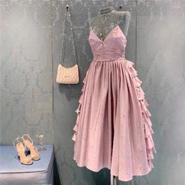 Casual Dresses French Style Summer Pink Purple Heavy Industry Diamond Layered Dress Women Spaghetti Strap Princess Party Ball Gown