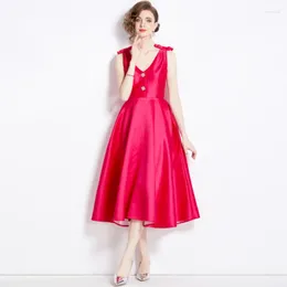 Casual Dresses 2024 Spring Heavy Industry Stereoscopic Bow Diamond V-Neck Dress Women's Sleeveless Big Swing Long Vestidos