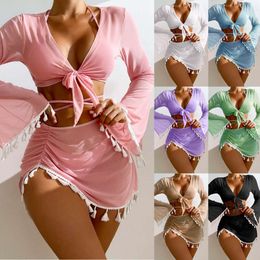 2024 New Conservative Four Piece Set Solid Colour Tassel Cover Up Mesh Short Skirt Bikini Swimwear for Women