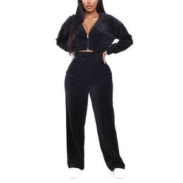 Womens 2 Piece Outfits Velvet Tracksuit Zip Up Croptop style Hoodie Velour Sweatpants Workout Sweatsuit