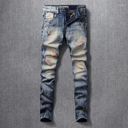 Men's Jeans Streetwear Fashion Men Retro Washed Blue Elastic Slim Fit Ripped Patched Designer Vintage Denim Pants Hombre