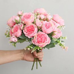 Selling 1pcs30cm Rose Pink Silk Bouquet Peony Artificial Flower 5 Big Head 4 Small Bud Bride Wedding Home Decoration Artifi 240308