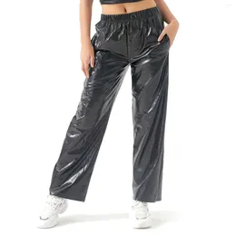 Women's Pants Women Metallic Elastic Waist Solid Colour Loose Trousers Streetwear With Pockets Fashion Silver Simple Bottoms