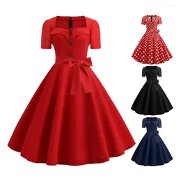 Party Dresses 1950s Rockabilly Dress Vintage A-line Midi With Square Neck Big Hem Retro Button Decor Dot Print Mid Waist For Prom