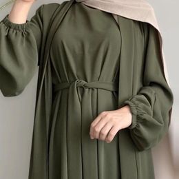 Ethnic Clothing 2 Piece Abaya Set Kimono With Inner Dress Muslim Abayas For Women Dubai Luxury Turkey Ramadan Islam Matching Hijab Outfit