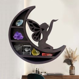 Racks Wooden Crystal Display Shelf Cat on The Moon Wood Shelf Heart Black Cat Design for Living Dinning Room Bed Storage Home Decor