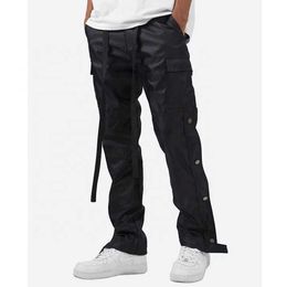 Baisheng Custom Men Black Drawstring Waist Nylon Pants Snap Button Side Zipper Detail Relax Fit Cargo