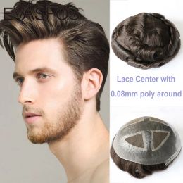 Toupees Toupees Natural Hairline Toupee Men Breathable Lace Hair System with 0.08mm Poly Skin Around Perimeter and Cross Section in Center