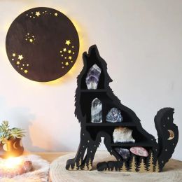 Racks New Wolf Wooden Crystal Display Shelf Wood Shelf Heart Black Cat Design For Living Dinning Room Bed Storage Home Wall Decor