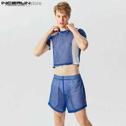 Men's Tracksuits 2024 American Style Men Stylish Sets Mesh Hollow Patchwork Contrast Short Sleeved Tops Shorts Casual Suit 2 Pieces S-5XL L240320