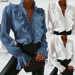 Blouses Shirts Women Elegant Blue White Office Lady Spring Autumn Long Sleeve Casual Topsd35c.