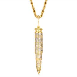 Mens Cool Hip Hop Necklace Gold Silver Colors CZ Bullet Pendant Necklace with 24inch Rope Chain Nice Gift256g