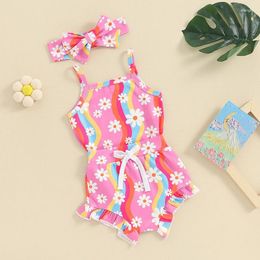 Clothing Sets Born Baby Girls Clothes Floral Print Sleeveless Bodysuits Ruffles Drawstring Summer Shorts Headband