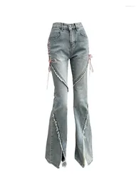 Women's Jeans American Retro Slim Denim Pant High Street Flare Office Lady Fashion Simple Blue Bell Bottoms Cross Bandage Classical Tide