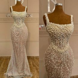 Exquisite Mermaid Prom Dresses Sleeveless Square Neckline Beads Appliques Lace Beaded Sweep Train Celebrity Evening Dresses Plus Size Custom Made