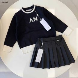 Luxury baby clothes kids tracksuits spring Princess dress Size 90-140 CM girls Letter logo jacquard sweater and pleated skirt 24Mar