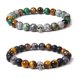 Beaded Strands Mix Natural Stone Skull Charm Bracelets Bloodstone Lava Tiger Eye For Men Punk Cool Bracelet&Bangles Jewelry Gothi2406