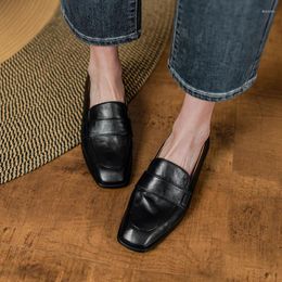 Casual Shoes Spring Autumn Women Flats Slip On Loafers Square Toe Soft Genuine Leather Simple Style Daily Lady