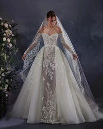 Neuestes Hochzeitskleid Meerjungfrau für die Braut 2in 1 mit langen Ärmeln herzförmiger Ausschnitt nach Maß Plus Größen Vestidos De Novias