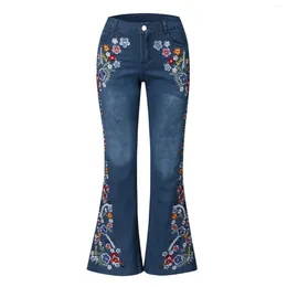 Women's Jeans Printed Fashion Women Embroidered Distressed Flare Button Waist Bell Bottom Female Denim Cargo Pants Overalls 2024