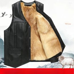 Men's Vests 2024 Men Autumn Winter Genuine Sheepskin Leather Vest V-neck Sleeveless Jacket Male Thick Middle-aged Fleece D348