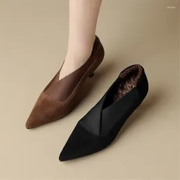 Dress Shoes Spring Sheep Suede Women Pointed Toe Plush Pumps For High Heels Deep Mouth Loafers Zapatos Mujer
