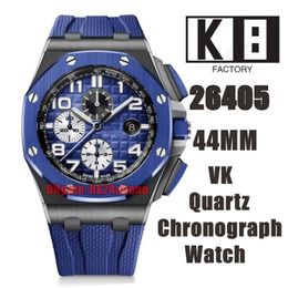 K8 Watches 26405 44mm VK Quartz Chronograph Mens Watch Blue Bezel Smoked Blue Dial Rubber Strap Gents Wristwatches2649