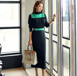 Casual Dresses JSXDHK High Quality Korean Women Knitting Midi Dress Autumn Winter Stand Collar Patchwork Long Sleeve Bodycon Slim Pencil