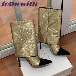 Boots Splicing Haute Couture Bling Sequined Boots 2022 New Fashionable Pointed Toe Mid Calf Stiletto Heel Trousers Women's Shoes