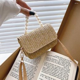 Shoulder Bags Women 's Bag Summer Pearl Straw Small Square Pastoral Style Flip Portable
