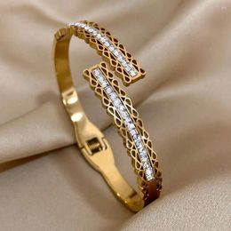 Bangle Inlaid Zircon Stainless Steel For Women Elegant Hollow Bowknot Lace Open Bracelets Waterproof Jewelry