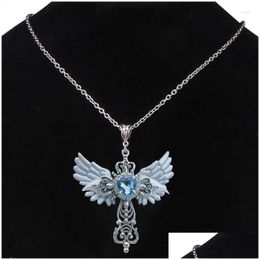 Pendant Necklaces European And American Street Blue Gem Angel Crossed Clavicle Chain Necklace Girls Light Luxury Women Simple Drop Del Dhynf