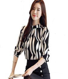 Discount Womens Tops and Blouses 2018 Autumn New Fashion OL Printing Stand Collar Women Long Sleeved Slim Shirt Ladies Office Shir7472460