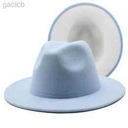 Wide Brim Hats Bucket Hats Simple light blue exterior with white fur felt jazz Fedora hat womens wide Brim Panama party Trilby cowboy hat mens gentleman 24323