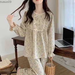 home clothing Retro womens Pyjama set home floral lace Pyjama long sleeved pants set 2-piece autumn pleated Korean O-neck evening dressL2403