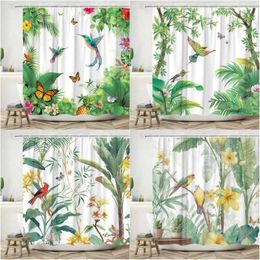 Shower Curtains Greenery Curtain Spring Flower Watercolor Butterfly Hummingbird Leaf Farm Tropical Plant Polyester Fabric Bathroom Decor