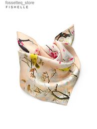 Handkerchiefs Chinese style flower bird painting natural silk small square handkerchief real silk scarves womens scarf neck scarves woman L240322