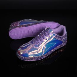 Laser Colourful Sports Casual Shoes Lace up Round Head Purple Glossy Fashionable Board Shoes Womens Spring/Summer Designer Outdoor Running Shoes Size 36-41