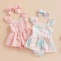 Rompers Summer Infant Baby Girls Bodysuit Set Sleeve Plaid Lace A-line Dress Headband Outfit Clothes