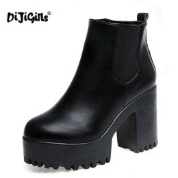 Boots DIJIGIRLS Fashion Women Boots Square Heel Platforms Zapatos Mujer PU Leather Thigh High Pump Boots Motorcycle Shoes Hot Sale