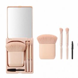 4pcs Mini Makeup Brushes Travel Portable Makeup Tools Loose Powder Eyebrow Eyeshadow Brush with Mirror Set Women Cosmetics I60a#