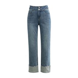 Pantaloni di pollo Xinge Flanging jeans dritti donne Nuova primavera 2024 Elastica High Waist Slim Fumo Pipe Pants