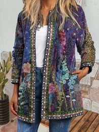 Women's Jackets Autumn Ethnic Style Flower Printed Long-sleeved Cardigan Jacket Coat