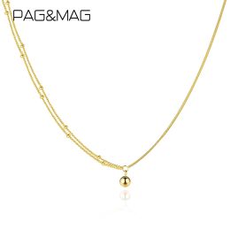 Necklaces PAG&MAG 925 Silver Layered Chain Necklace Gold Plated Asymmetric Design Double Chain Women Fashion Ball Charms Necklaces Gift