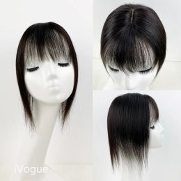 Toppers 9X14CM Injected Skin Base Topper with Air Bangs Remy Human Hair 10inch Natural Skin Scalp 4D Fringe for Women Hide White Hair