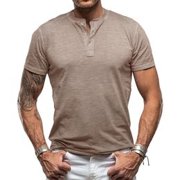 Summer New Mens Solid Colour Short Sleeved Henley Shirt American T-shirt