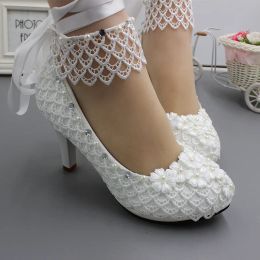 Pumps Fashion White Wedding Shoes Kitten High Heels Women Pumps Heels Lace Appliques Beaded Bridal Shoes Handmade Wedding Heels 2021