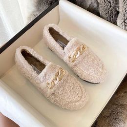 Casual Shoes 2024 Style Lamb Fur For Women's Outer Wear Warm Cotton Without Lace-up Overshoes Large Size Loafers