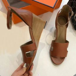 Summer new women's sandals with one line buckle leather wedge heel versatile bag and luxurious high-end leather Matsutake heel EU35-42 with box