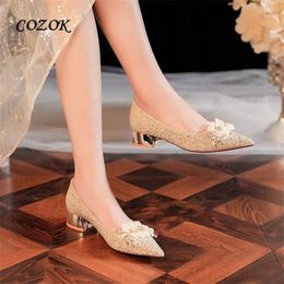 Dress Shoes Evening Wedding Sequin Gold Low Heel Women 2024 Luxury Elegant Flower Pumps Prom Heels